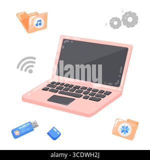 A stylish illustration of a pink laptop surrounded by various digital and creative icons. This image symbolizes the modern creative process where tech Stock Vector