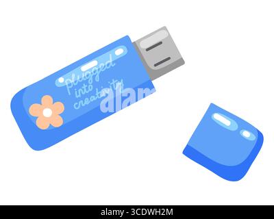 A whimsical and modern hand drawn vector illustration of a blue USB flash drive featuring the motivational slogan PLUGGED INTO CREATIVITY alongside a Stock Vector