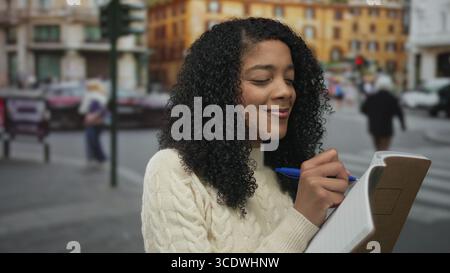 Woman smiling and writing in notebook on busy city street while holding pen near chin; quiet thoughtful reflection contemplation. Stock Photo