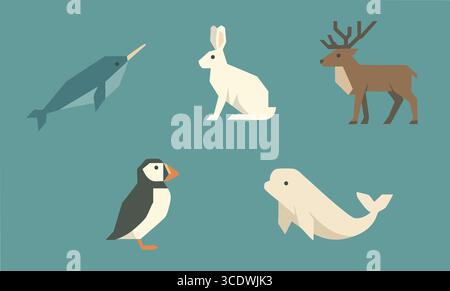 Flat minimal illustrations of northern wildlife on a teal panel featuring a leaping dolphin a white hare a puffin and a brown deer. Stock Vector