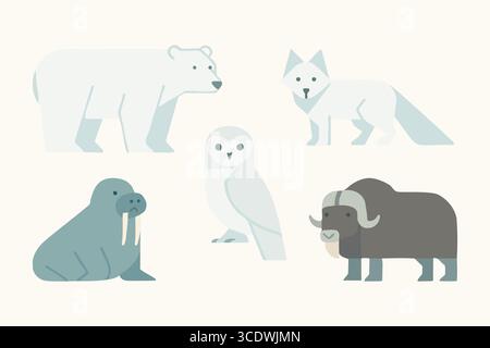 Soft toned illustrations of arctic wildlife showing polar bear arctic fox snowy owl walrus seal and musk ox on a cream background. Stock Vector