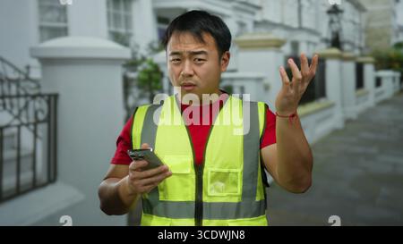 Man wearing a yellow vest using smartphone on urban street displaying confused expression showcasing modern city life and technology use. Stock Photo