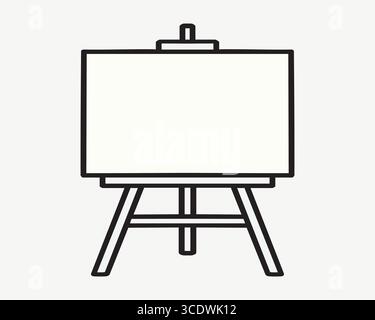 Minimal line drawing of a studio easel holding a rectangular canvas centered on a neutral gray background. Stock Vector