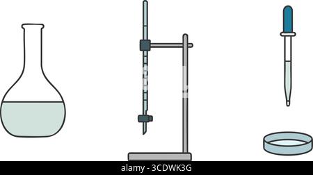 Clean black line science icons showing an Erlenmeyer flask a ring stand with clamp a pipette and a petri dish. Stock Vector