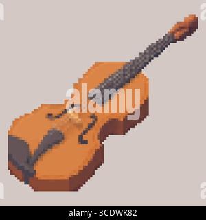 Blocky pixel depiction of a wooden violin shown diagonally with fingerboard bridge and tailpiece on a muted brown panel. Stock Vector