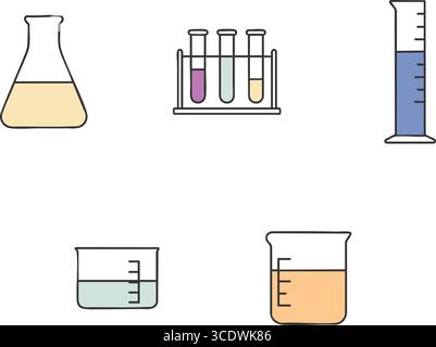 Minimal icons of common lab glassware including a conical flask a rack of test tubes a tall graduated cylinder and a beaker. Stock Vector