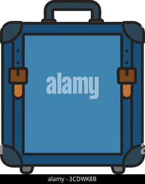 Flat illustration of a sturdy blue suitcase featuring a top handle leather style straps corner protectors and metal hardware. Stock Vector