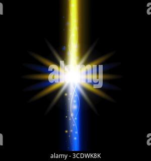 Square abstract image of a yellow-blue light wave with bright glowing rays radiating like sparkles on a black background. Energetic, high-tech, and fu Stock Photo
