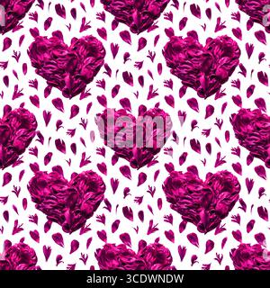 Elegant seamless pattern with richly textured hearts made from dense crimson peony petals. Soft floral design on white background. Perfect for romanti Stock Photo