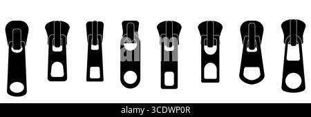 Vector zipper fastener element. Detailed sketch of zip puller lock for backpack or jacket. Metal closure clip icon in modern CAD style. Fashion Stock Vector