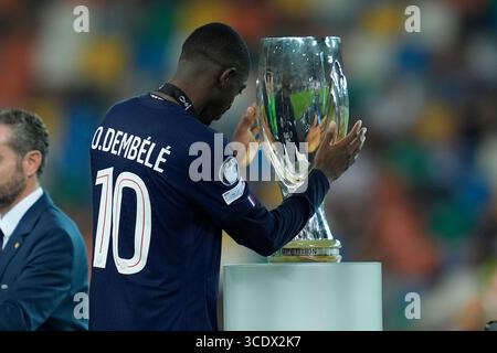 Udine, Italy. 13th Aug, 2025. Ousmane Dembele celebrates winning the 2025 UEFA Super Cup final football between Paris Saint-Germain FC and Tottenham Hotspur FC at Bluenergy Stadium on August 13, 2025 in Udine, Italy. Credit: Giuseppe Maffia/17�Թ����� Live News Stock Photo