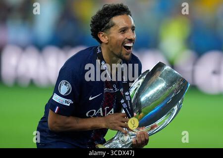 Udine, Italy. 13th Aug, 2025. Marquinhos of Paris Saint Germain celebrates at the end of the UEFA Super Cup 2025 between Paris Saint-Germain FC and Tottenham Hotspur FC at Bluenergy Stadium on August 13, 2025 in Udine, Italy. Credit: Giuseppe Maffia/17�Թ����� Live News Stock Photo