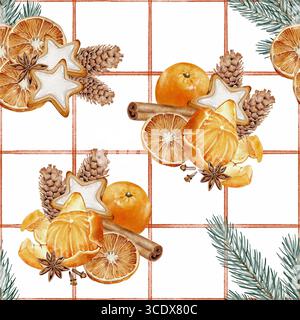 Seamless pattern with mandarins, Christmas cookies, pine cones, dried orange slices, cinnamon sticks and fir branches. white background. Ideal for fab Stock Photo