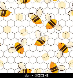 Cute cartoon honey bees on honeycombs seamless pattern. Vector background illustration. Stock Vector
