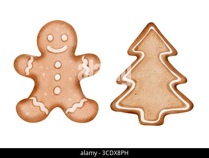 Gingerbread man and Christmas tree cookie. Watercolor drawing in festive style. Hand-painted illustration on white background. Suitable for cards, nap Stock Photo