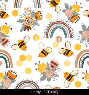 Cute cartoon honey bees, honeycombs, rainbow and doodle meadow flowers seamless pattern. Vector background illustration Stock Vector