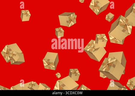 Gold christmas gift boxes presents levitating at random on red background Stock Photo