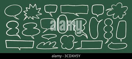 Chalk speech bubble vector set with hand drawn crayon style frames, doodle shapes, comic balloons, text boxes on green chalkboard background. Speech Stock Vector
