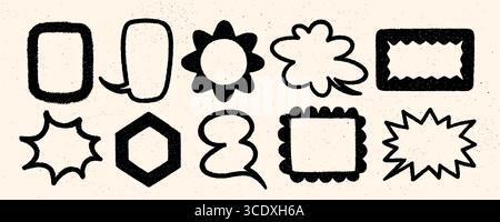 Crayon speech bubble vector set with bold black hand drawn frames, doodle comic shapes, textured balloons, and decorative text boxes on beige Stock Vector