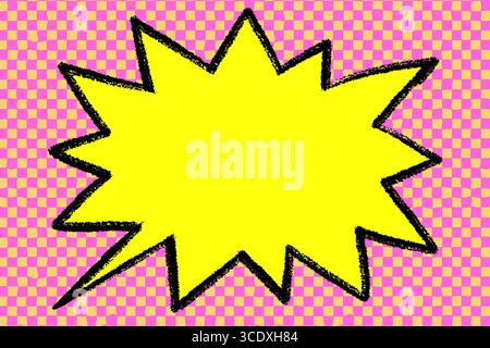 Yellow crayon speech bubble with bold black outline on pink and orange checker background. Hand drawn comic starburst frame for text. Perfect for Stock Vector