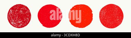 Japan red sun circle set with japanese brush texture and grunge stamp design. Japan and japanese sun circles with round stamp shapes. Perfect for Stock Vector