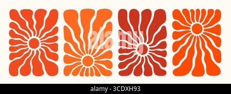 Retro sun or groovy flower pattern set in orange and red tones with bold organic rays on textured background. Sun pattern in abstract groovy style Stock Vector