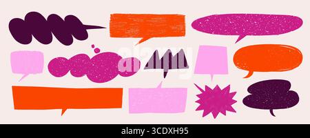Crayon speech bubble vector set with vibrant orange, magenta, pink, and purple textures on light background. Hand drawn comic shapes. Ideal for Stock Vector