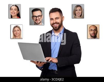 Recruiter with laptop looking for employee against white background. Photos of candidates around him. Human resources management Stock Photo