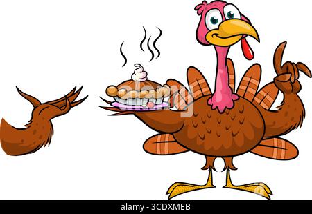 Cartoon happy cute thanksgiving turkey bird chief cooking pie on the tray. Vector illustration isolated. Design for Thanksgiving Day Stock Vector