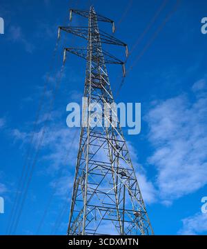 UK national grid electricity power pylon. Towers in a beautiful blue sky. Stock Photo