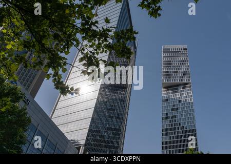 ONE Tower und Skyline im Europaviertel Frankfurt 14.08.25, Frankfurt: Symbolfoto, Illustrationsbild, Symbolbild, Illustrationsfoto, Alltagsszene Blick auf moderne Hochhäuser im Europaviertel Frankfurt am Main. Im rechten Bildteil ist der ONE Tower zu sehen, ein markantes Hochhaus mit Büro- und Hotelnutzung, das durch seine versetzte Fassadenstruktur auffällt. Links daneben spiegelt ein weiteres gläsernes Hochhaus das Sonnenlicht. Umrahmt wird das Bild von grünem Laub im Vordergrund. Die Szene steht exemplarisch für das neue, urbane Frankfurt und die architektonische Entwicklung des Europaviert Stock Photo
