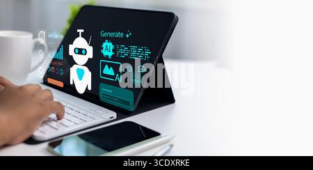 User interacting with AI-powered tablet interface to create content and graphics, representing machine learning, digital technology, and future creati Stock Photo