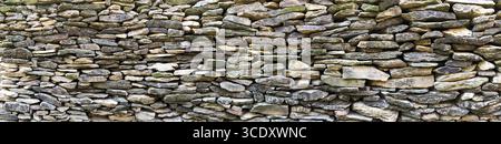 Wide panoramic view of a rustic stone wall with a natural and textured appearance, ideal for use in backgrounds, headers, and design projects. Stock Photo