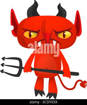 Cartoon funny red devil character design holding fork trident with long tail. Halloween vector illustration isolated Stock Vector
