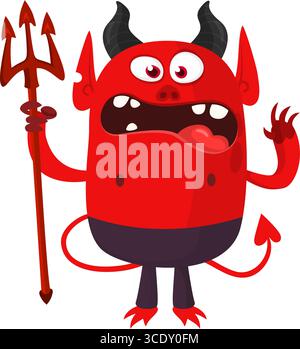 Cartoon funny red devil character design holding fork trident with long tail. Halloween vector illustration isolated Stock Vector
