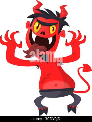 Cartoon funny red devil character design holding fork trident with long tail. Halloween vector illustration isolated Stock Vector