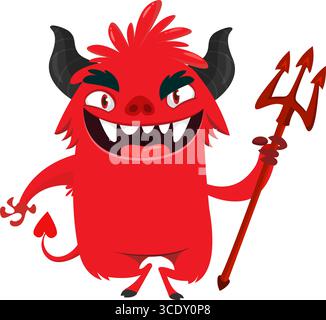 Cartoon funny red devil character design holding fork trident with long tail. Halloween vector illustration isolated Stock Vector