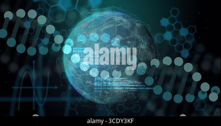 Rotating digital globe revealing DNA helix and code overlays in virtual space, with hex patterns. Futuristic, technology, data, science, network, inno Stock Photo