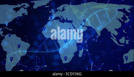 Displaying neon-blue DNA double helix spanning interface, with world map network lines and pins. Global, connectivity, technology, digital, futuristic Stock Photo