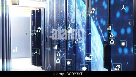 Displaying server cabinets lining corridor in data center, with globe on display and eco icons. Technology, data, digital, infrastructure, innovation, Stock Photo