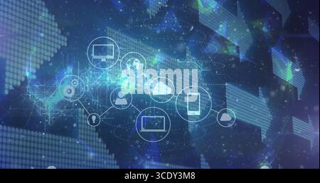 Floating icon cluster streaming data across dotted world map, with glowing PC and smartphone icons. Digital, connectivity, technology, networking, dat Stock Photo