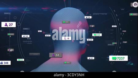 Displaying 3D wireframe head floating on virtual dashboard, with numeric labels and gauges. Futuristic, technology, data, visualization, innovation, i Stock Photo
