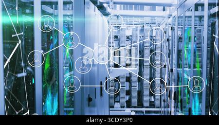 Displaying central network node icon connecting server racks in data center, with blinking LEDs. Technology, connectivity, cyber security, infrastruct Stock Photo