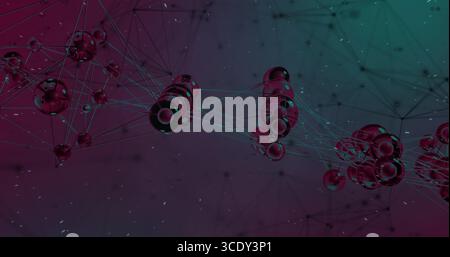 Floating metallic spheres forming network in abstract space, with thin glowing lines and particles. Futuristic, digital, abstract, vibrant, geometric, Stock Photo