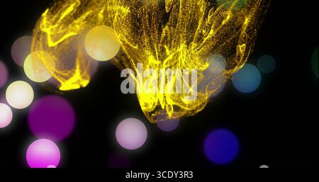 Dancing luminous yellow particle form swirling in dark digital void, with colorful bokeh elements. Abstract, light trails, digital art, cosmic, motion Stock Photo