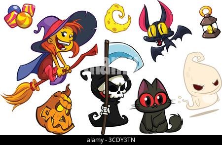 Cartoon set of Halloween characters design. Vector illustration of vampire zombie grim reaper witch monster and gost Stock Vector