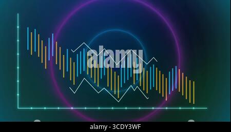 Displaying descending bars and white line graph on dark background, with cyan axes, neon rings. Data, analytics, technology, infographic, futuristic, Stock Photo