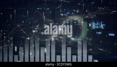 Displaying overlaid finance charts covering highway at night, with candlestick bars, light trails. Metropolitan, digital, analytical, modern, data vis Stock Photo
