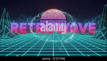 Neon RETROWAVE text floating above grid floor in digital landscape, gradient sun, glitch particles. Futuristic, synthwave, cyberpunk, neon, abstract, Stock Photo