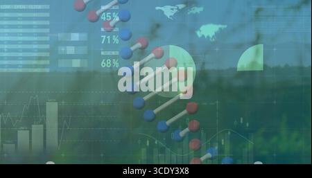 Displaying 3D DNA helix winding across crop field backdrop, with financial charts and data. Science, biotechnology, data visualization, innovation, ag Stock Photo